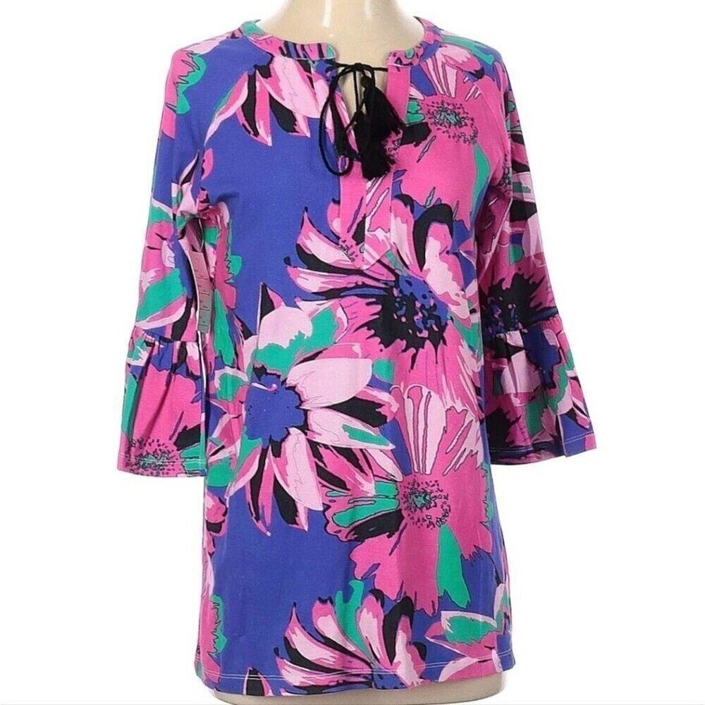 Tracy Negoshian Womens Size XXS Blue & Pink Flowered Blouse W/ Tied Neckline NWT